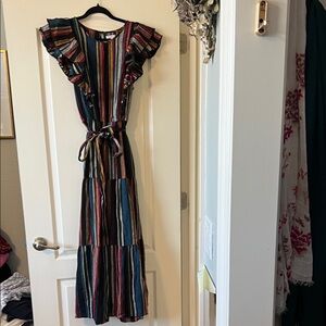 Elegant Striped Maxi Dress with Ruffle Sleeves